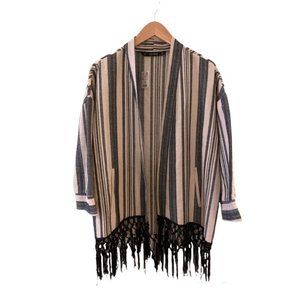 ZARA Ecru Black Striped Fringed Kimono. NWT! Size M